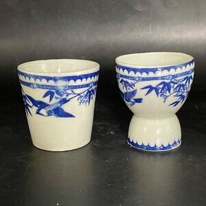 Vtg Porcelain Blue White Soba Choko & Egg Cup Made in Japan Birds Bamboo Leaves